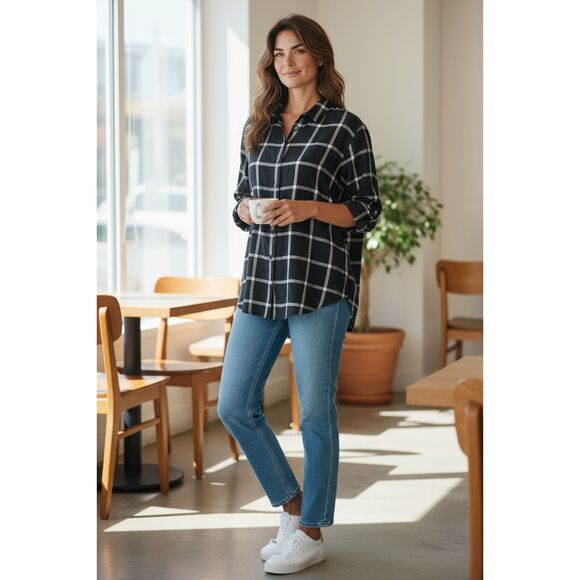 VTG Talbots Womens Plaid Linen Button Down Shirt Sz 10P Black Coastal Classic - Picture 1 of 12